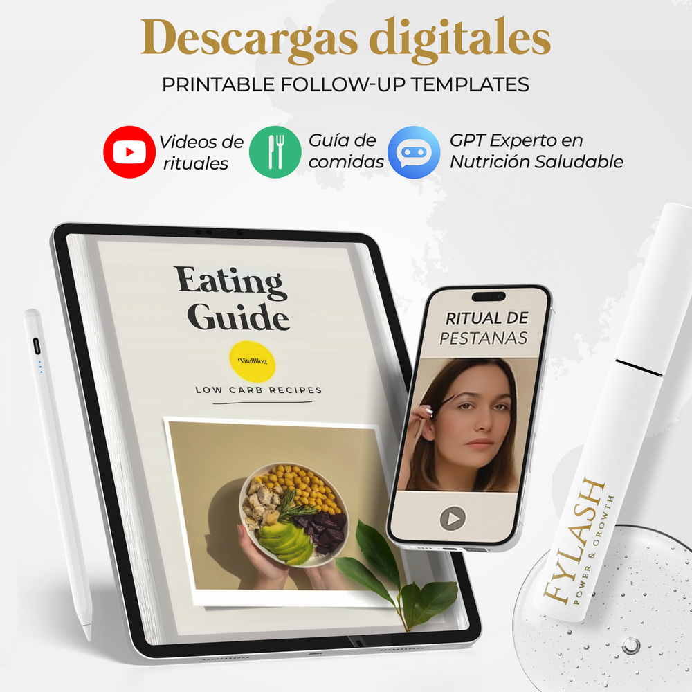 Descargas digitales incluidas con Fylash: vídeos de rituales, guía de comidas y GPT de nutrición