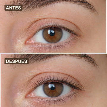 Comparación antes y después: pestañas de una misma mirada tras usar el sérum