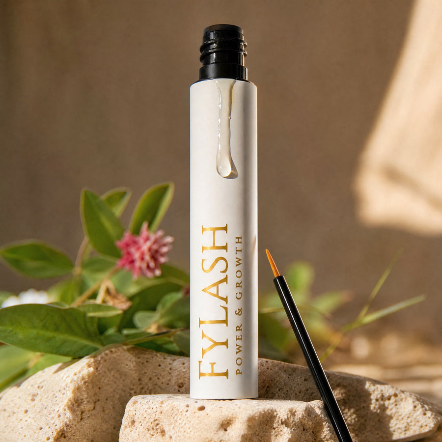 Sérum de pestañas Fylash sin prostaglandinas sobre piedra, con trébol rojo y hojas verdes